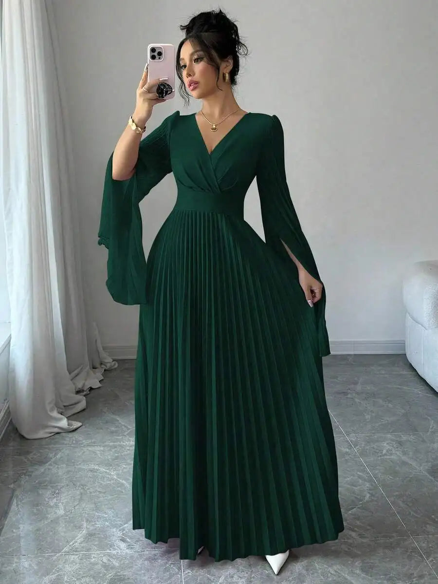 V-Neck Pleated Maxi Dress