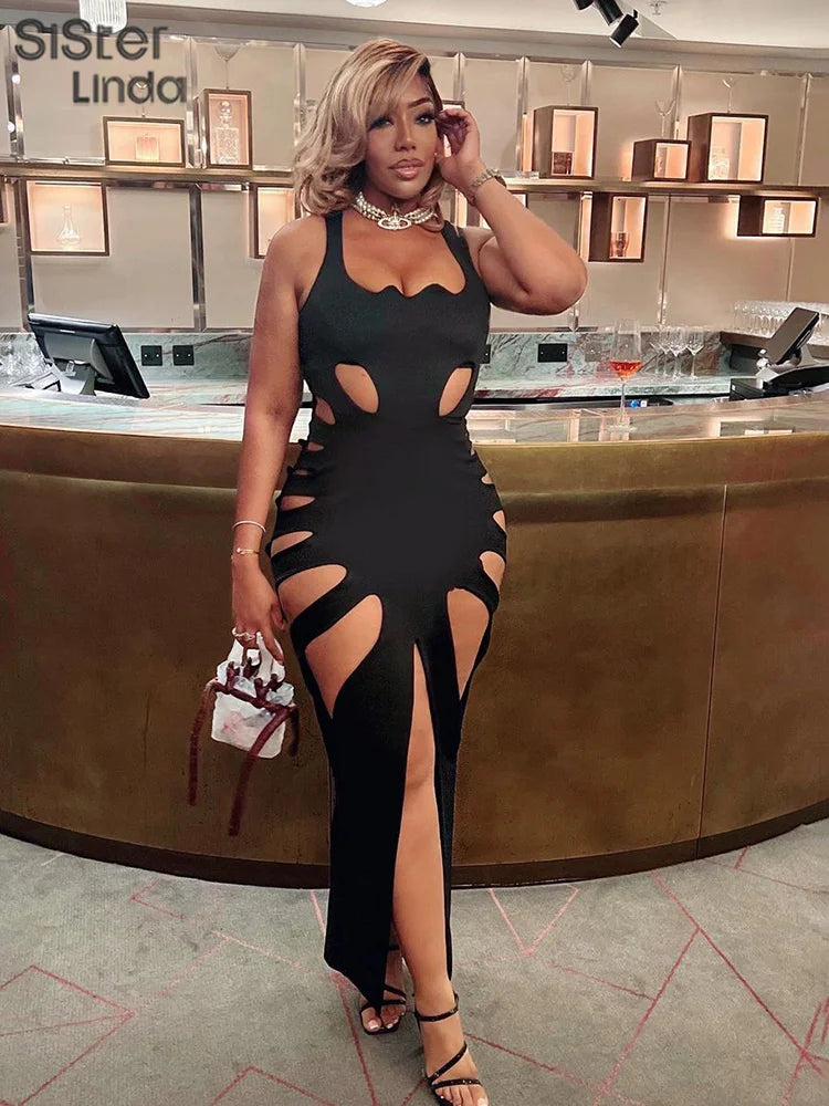 Hollow Elegant Side Split Bodycon Midi Dress
