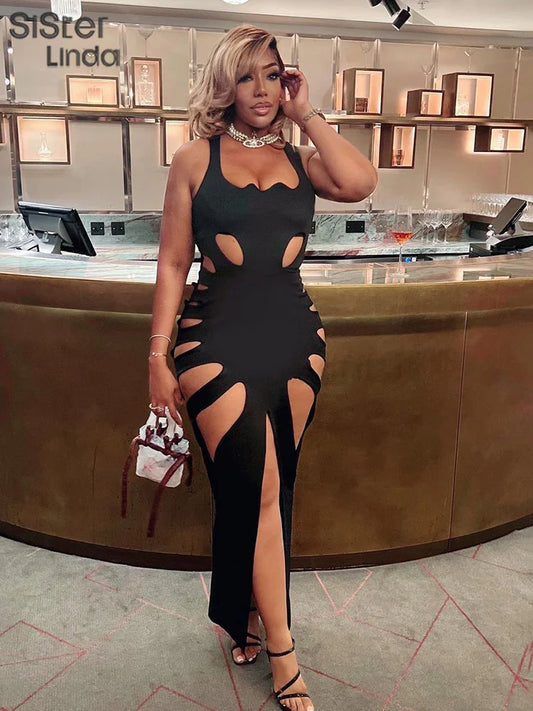 Hollow Elegant Side Split Bodycon Midi Dress