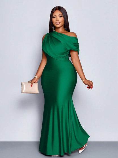 Elegant Off-Shoulder Plus Size Fishtail Evening Dress in Shiny Apricot for Wedding Party