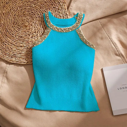 Fashionable Embroidered Flares  O-neck Sleeveless T-Shirts