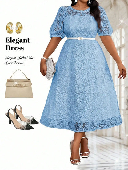 White Lace Midi Dress with Puff Sleeves and Belt