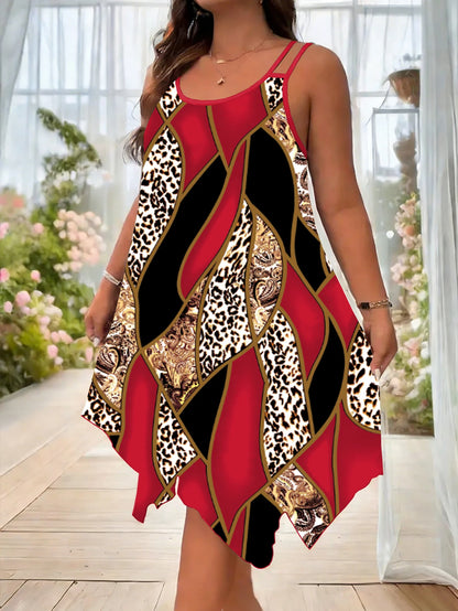 Asymmetrical geometric stripes printed double strap dress