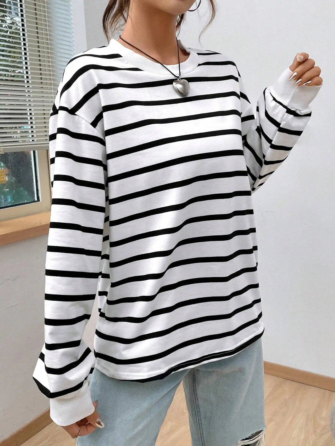 Women's White Black Striped Long Sleeve Sweater