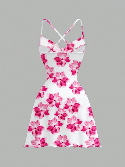 Off-Shoulder Backless Floral Print A-line Dress