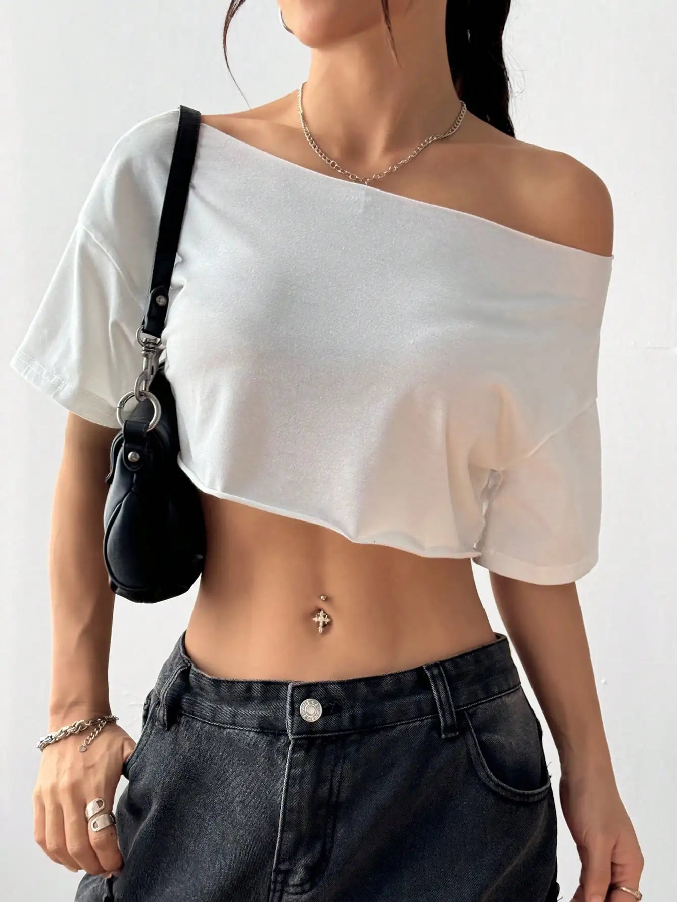 White Asymmetrical Off-Shoulder Crop Top,