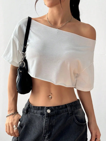 White Asymmetrical Off-Shoulder Crop Top,