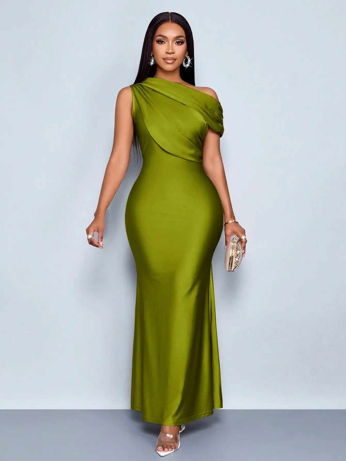 Elegant Satin One-Shoulder Fishtail Maxi Dress