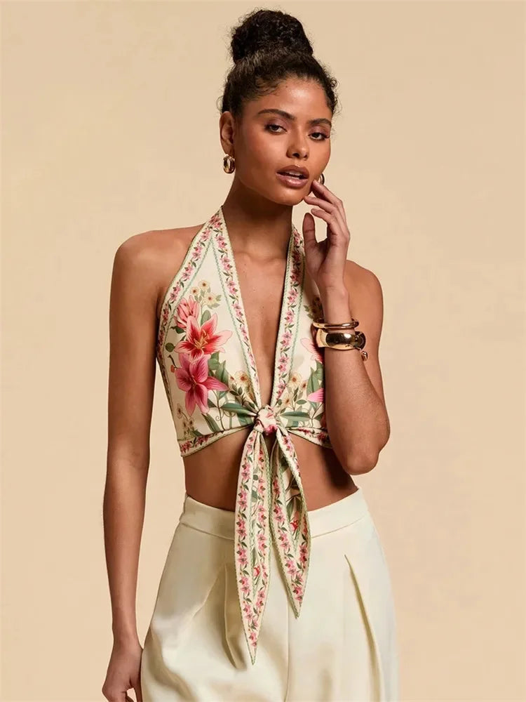 Sleeveless Sexy Knot Front Halter Crop Top