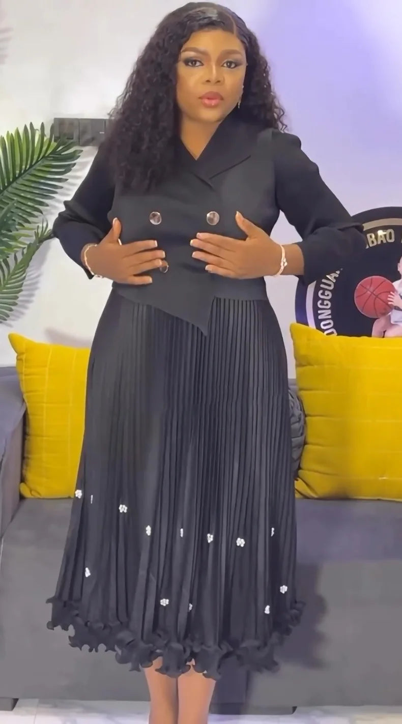 Pleated Long Dress Double Breasted