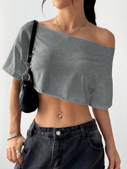 White Asymmetrical Off-Shoulder Crop Top,