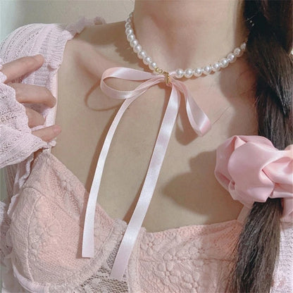 Bowknot Heart Pendant Beaded Pearl Chain Necklace