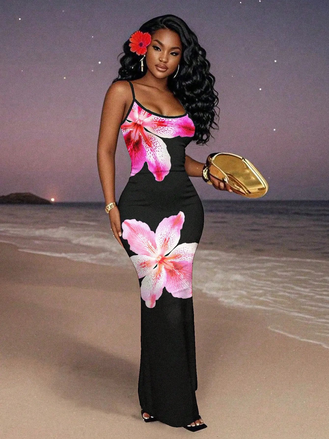 Elegant Black Red Floral Maxi Dress