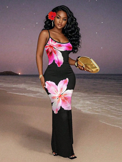 Elegant Black Red Floral Maxi Dress