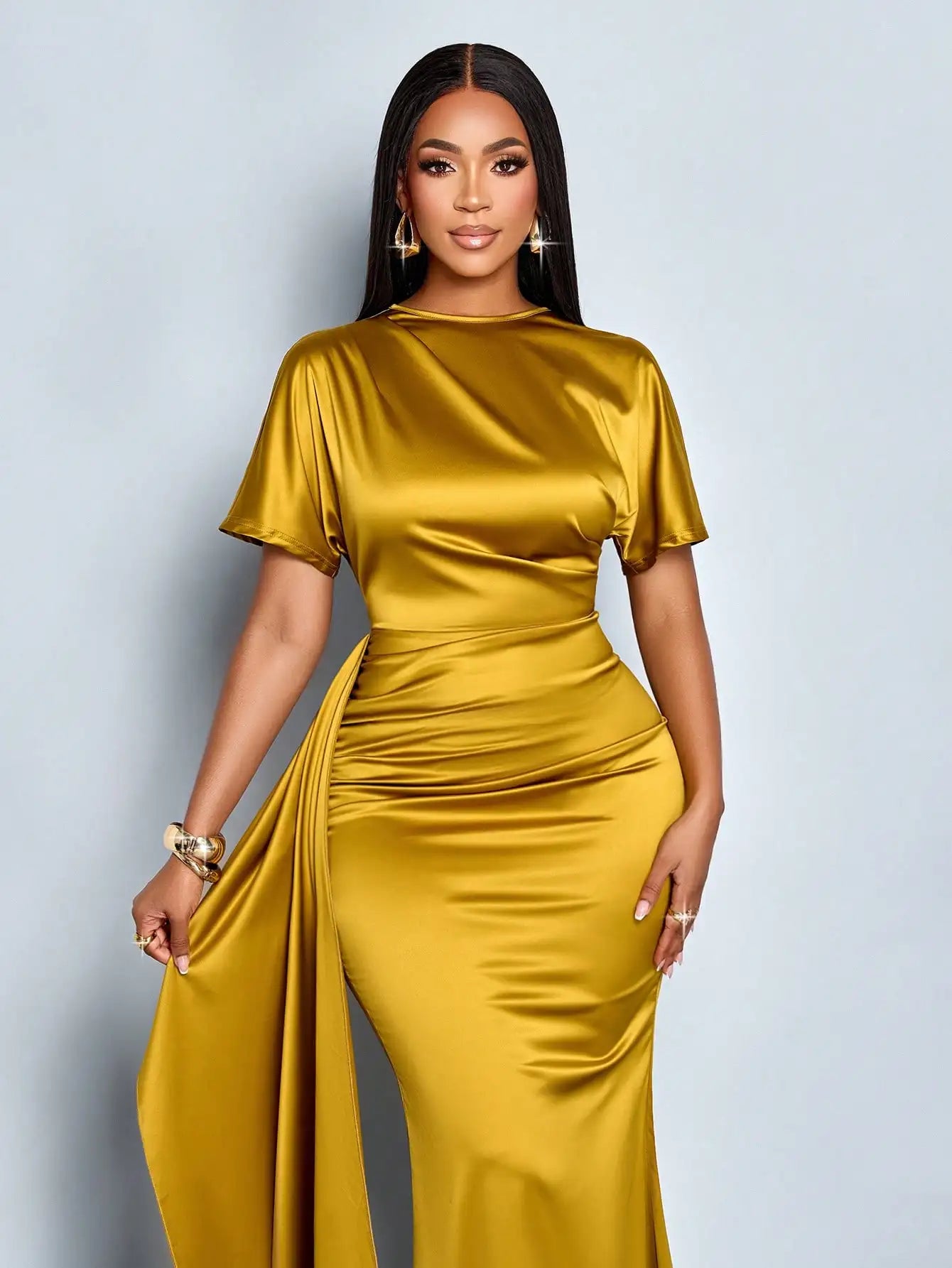 Elegant Gold Satin Maxi Dress