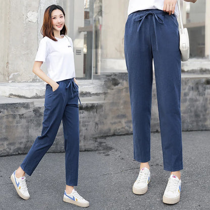 Cotton Linen Solid Elastic Waist Pants