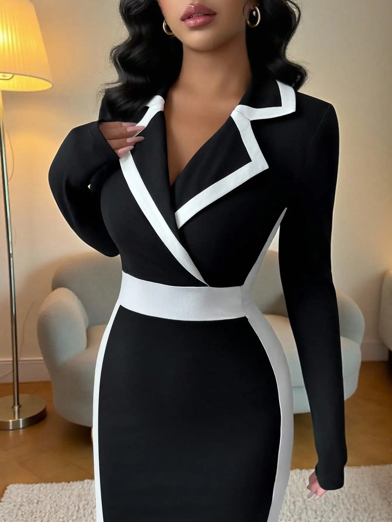 Black & White Contrast Blazer Collar Bodycon Dress,