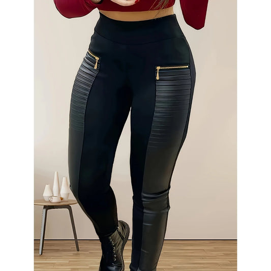 Black Casual Solid Color Stitching Pants