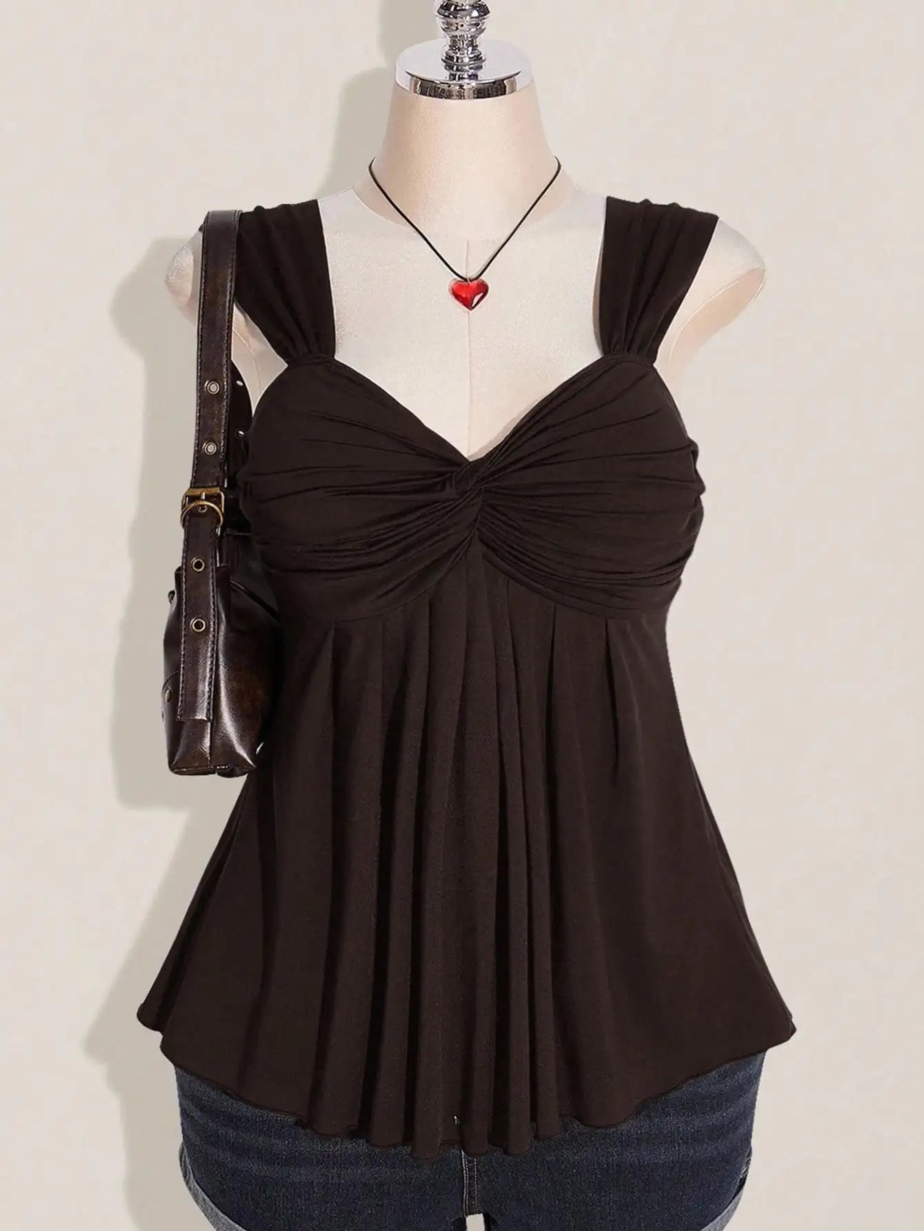 Wine Red Twist Front Sleeveless Babydoll Top,