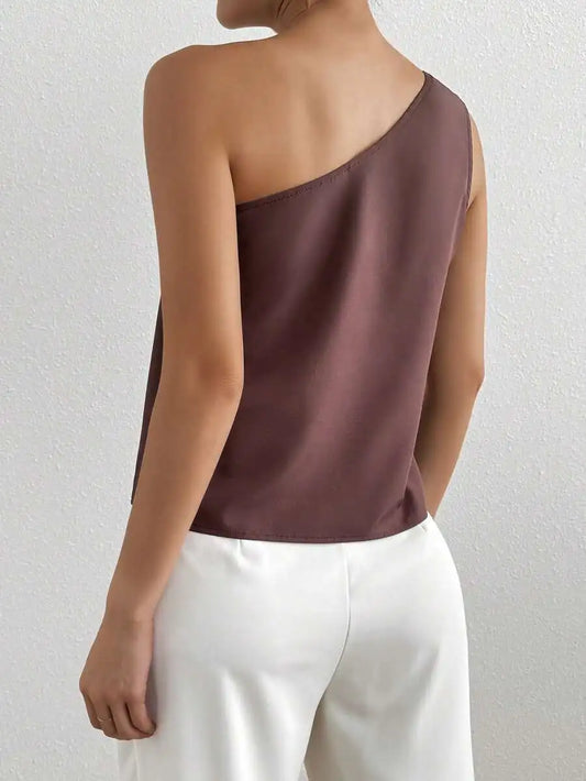 Women's One Shoulder Blouse Gold Accent Buckle,