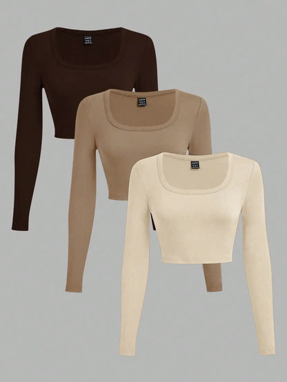 3-Pack Women's U-Neck Cropped Long Sleeve T-Shirts,