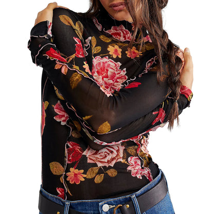 Women s  Mesh Tops Floral Print T-Shirt
