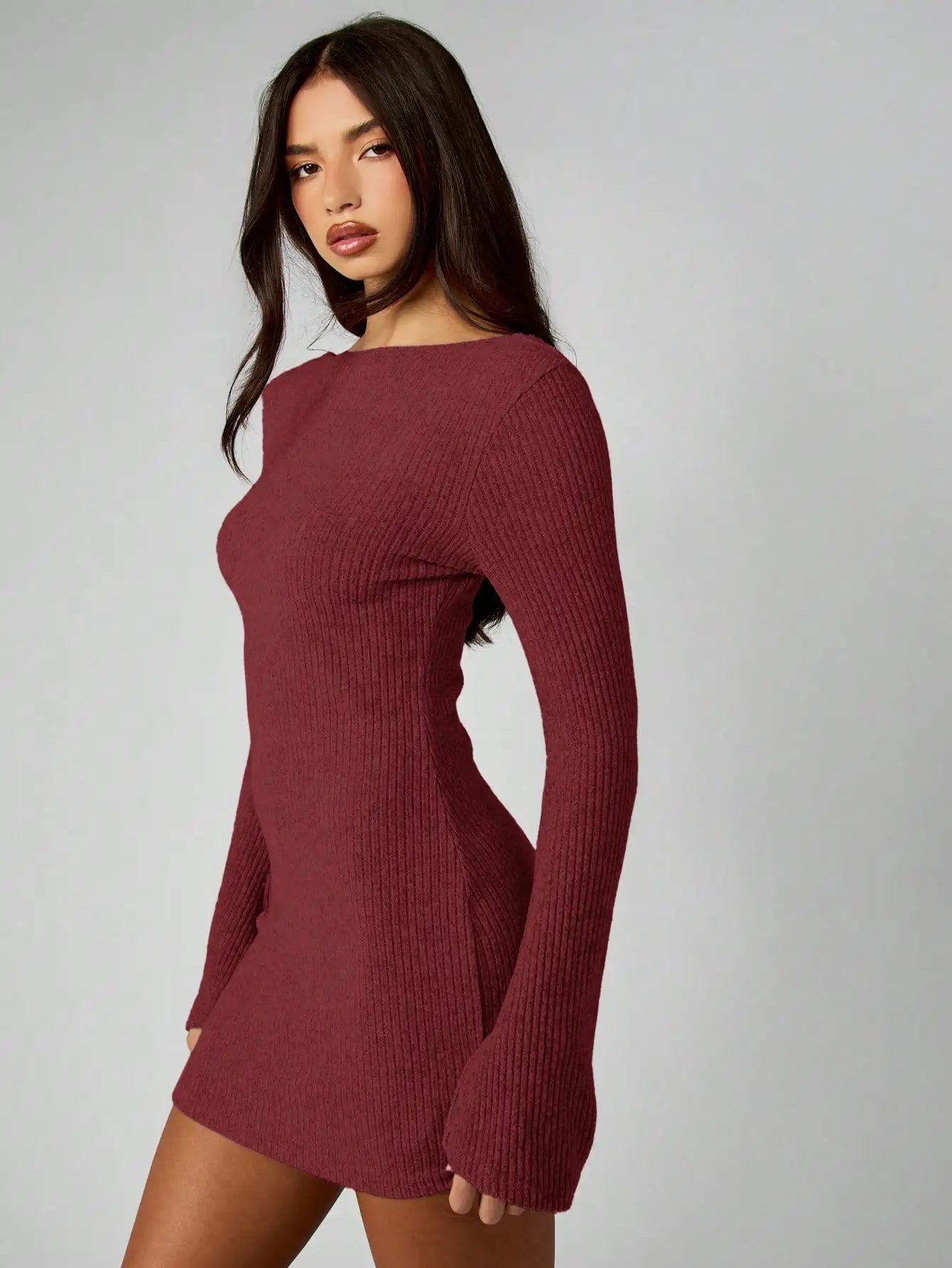 Ribbed Knit Long Sleeve Bodycon Mini Dress