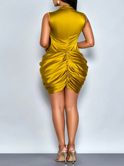 Olive Green Satin Cowl Neck Ruched Mini Dress