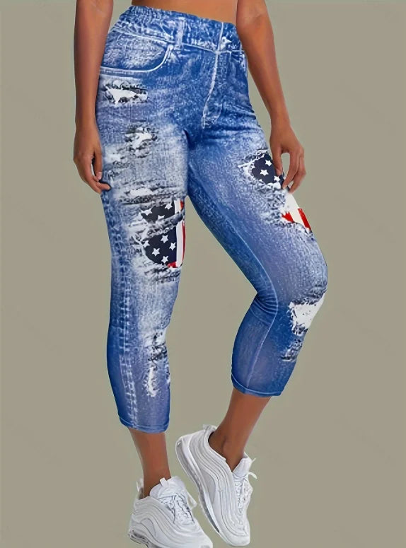 Elegant Floral Print Faux Denim Leggings,