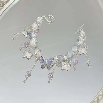 Crystal Flowers Butterfly Pendant Beaded Bracelet
