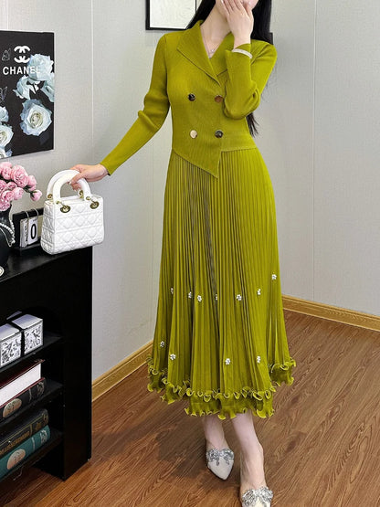 Pleated Long Dress Double Breasted