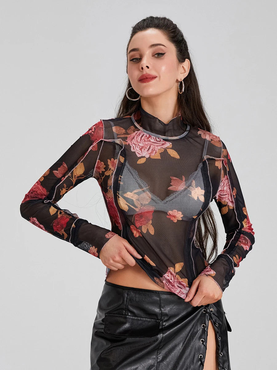 Women s  Mesh Tops Floral Print T-Shirt