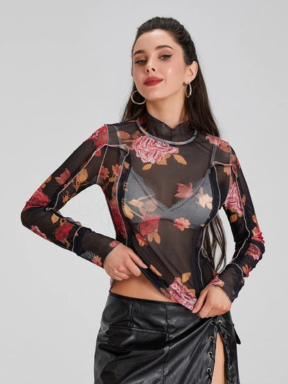 Women s  Mesh Tops Floral Print T-Shirt