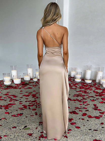 One Shoulder Satin Dress Backless High Split