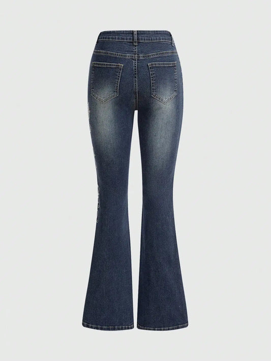 Butterfly Embroidered High Waist Flare Jeans