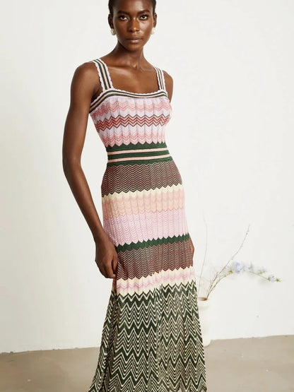 Zigzag Knit Straps Long Maxi Dress