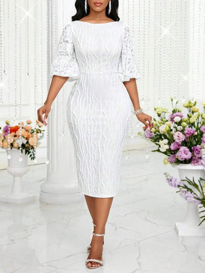 White Lace Midi Dress with Bell Sleeves,