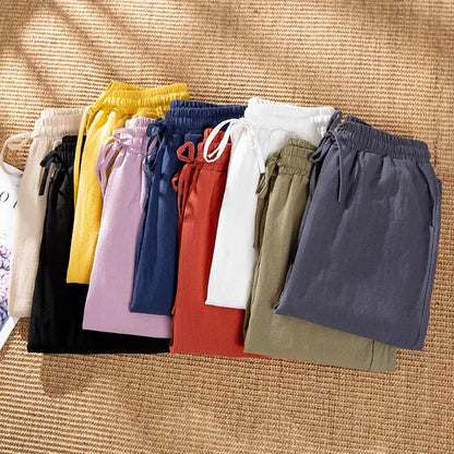 Cotton Linen Solid Elastic Waist Pants