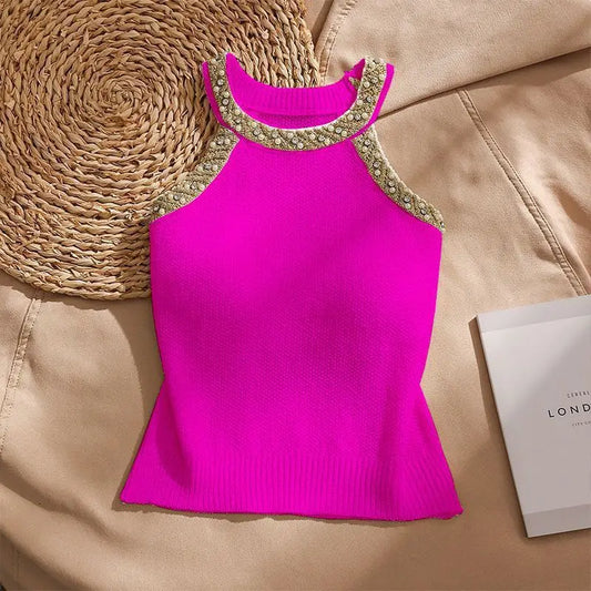 Fashionable Embroidered Flares  O-neck Sleeveless T-Shirts