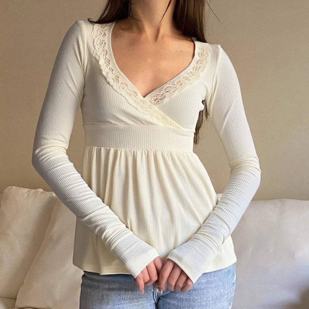 New Long Sleeve Lace Trimmed Wrap Blouse