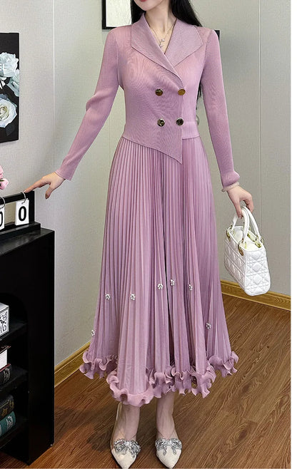 Pleated Long Dress Double Breasted