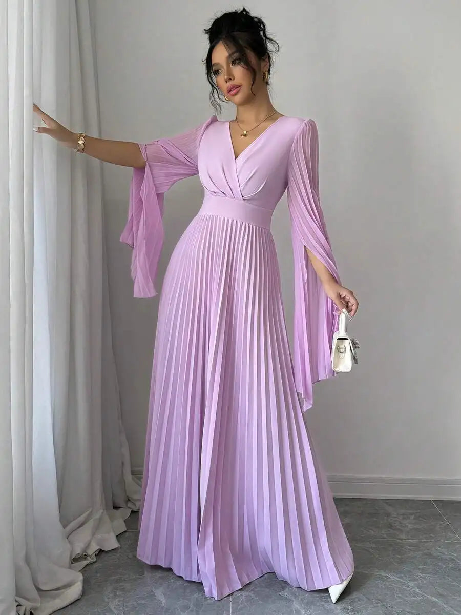 V-Neck Pleated Maxi Dress