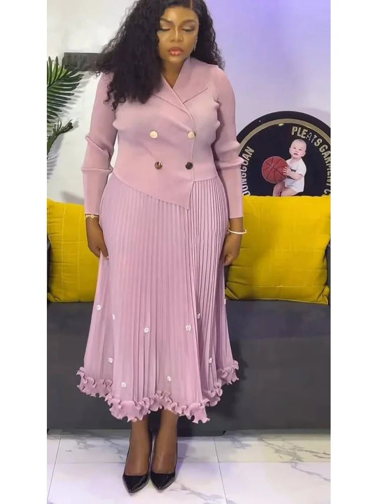 Pleated Long Dress Double Breasted