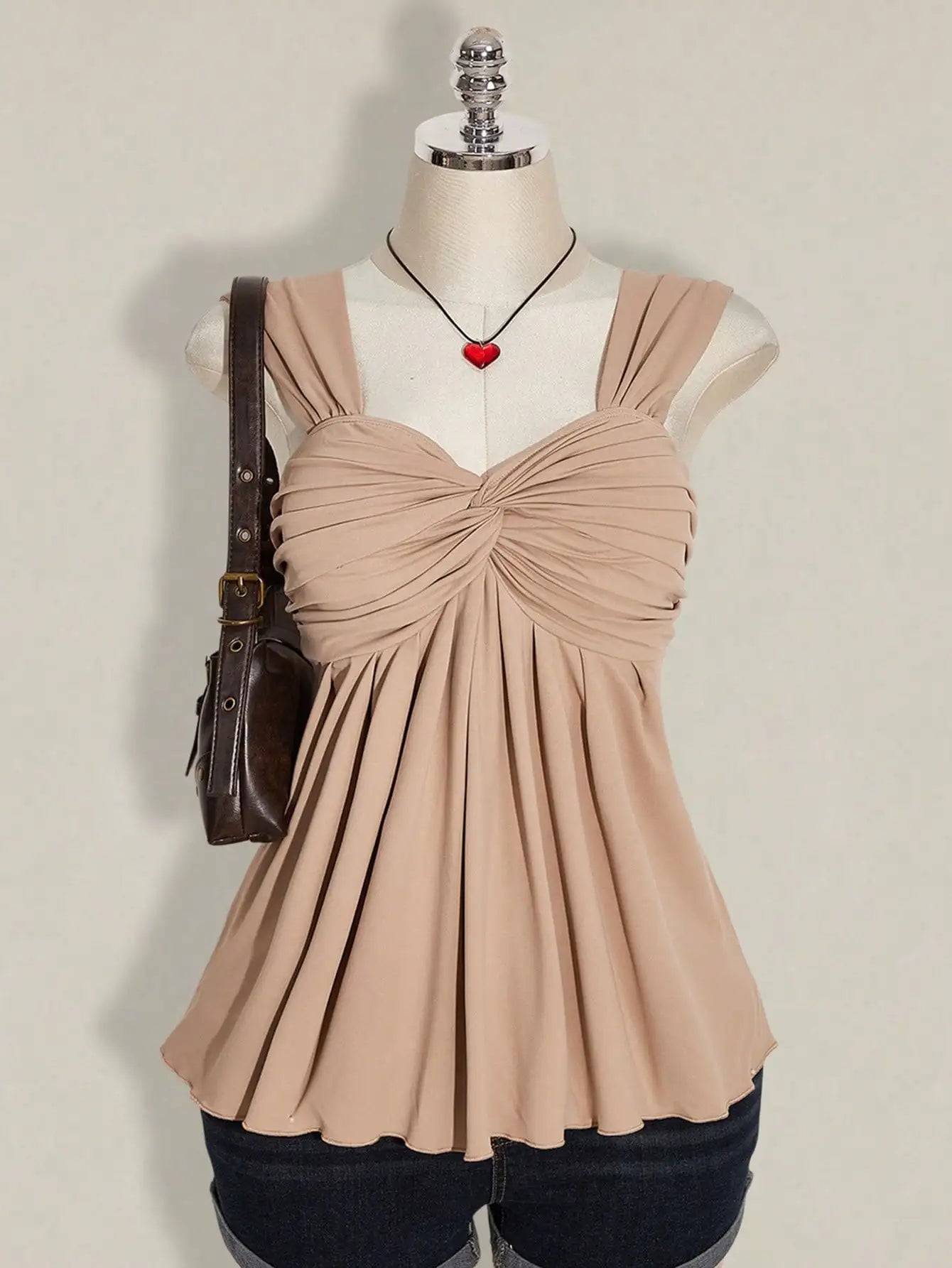 Wine Red Twist Front Sleeveless Babydoll Top,