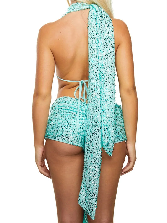 Sparkling Sequins Halter Neck Tie-Up Backless Tank Top
