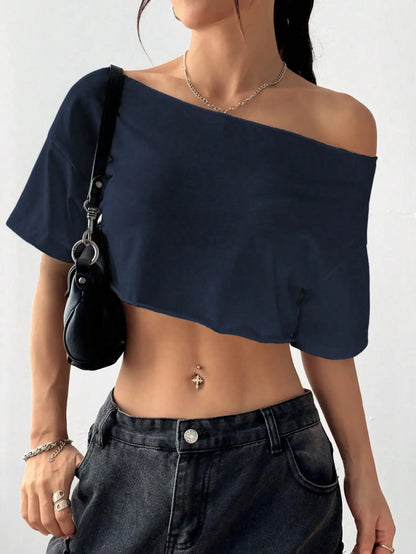 White Asymmetrical Off-Shoulder Crop Top,