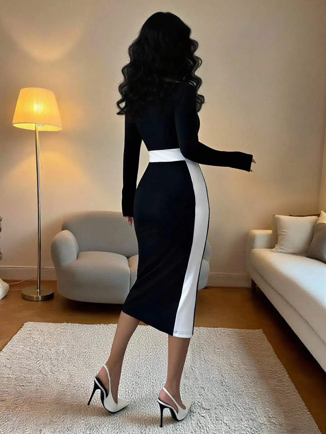Black & White Contrast Blazer Collar Bodycon Dress,