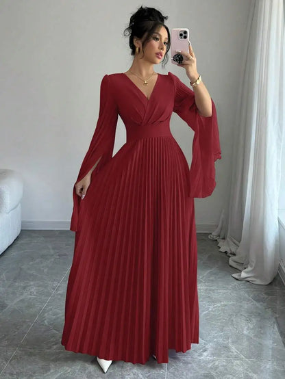 V-Neck Pleated Maxi Dress