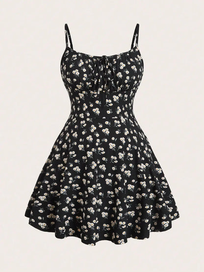 floral elegant sleeveless thin strap camisole dress
