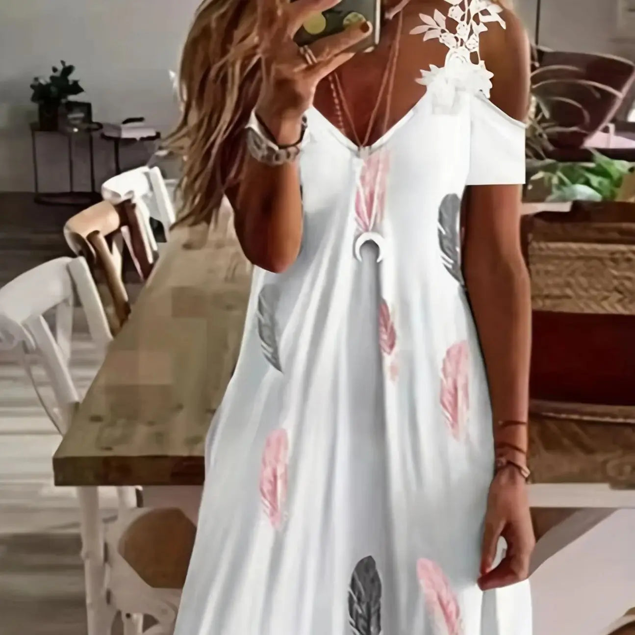 Strapless Lace Batwing Sleeve Dress Print Skirt